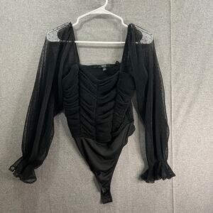 Blashe Black Sheer Mesh Bodysuit Top Women Small Black LongSleeve Shirt Ladies